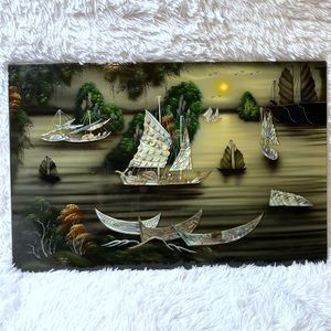 Vintage Vietnam Wood Lacquer Painting Inlay Mother Of Pearl Boat Sunset Art